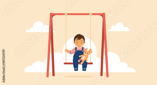 Happy Child Relaxing On A Swing With His Teddy Bear Vector Illustration