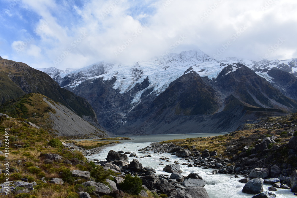 Naklejka premium River Valley beneath Snowcapped Ranges