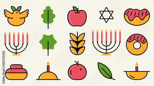 Festive hanukkah celebration symbols and decorative elements for holiday greetings and themed designs featuring traditional motifs and ornaments