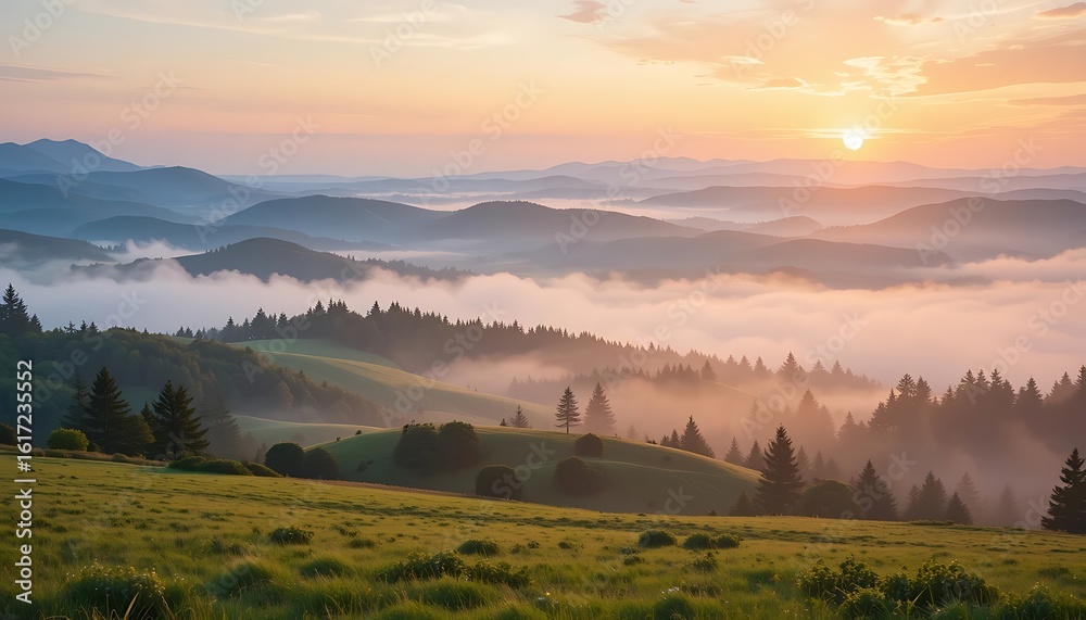 Fototapeta premium Majestic Sunrise Over Misty Mountain Ranges and Rolling Green Hills