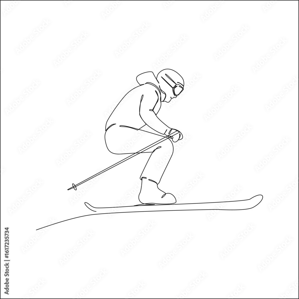 Fototapeta premium Continuous line drawing of a skier in mid-air jump position, wearing ski gear and goggles, demonstrating dynamic winter sport movement on a slope.