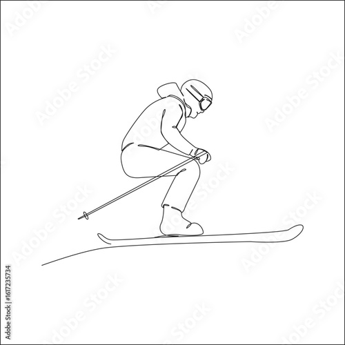 Continuous line drawing of a skier in mid-air jump position, wearing ski gear and goggles, demonstrating dynamic winter sport movement on a slope.
