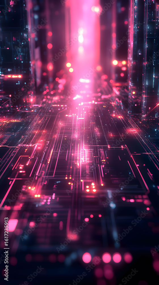 Fototapeta premium Futuristic technology background with a vibrant pink and blue digital matrix. Abstract cybernetic cityscape with glowing data streams.