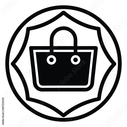 Black shopping bag icon with rounded handles and circular details inside a decorative frame black and white