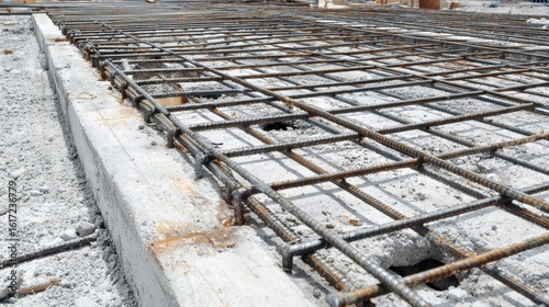 Concrete foundation with rebar grid, ready for construction.