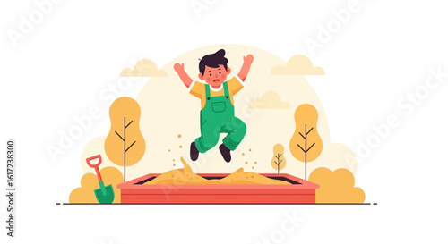 Joyful Boy Leaping Into Sandbox During Carefree Summer Playtime Fun