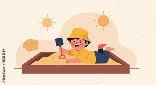 Joyful Boy Playing In The Sandbox On A Bright Sunny Day Illustration