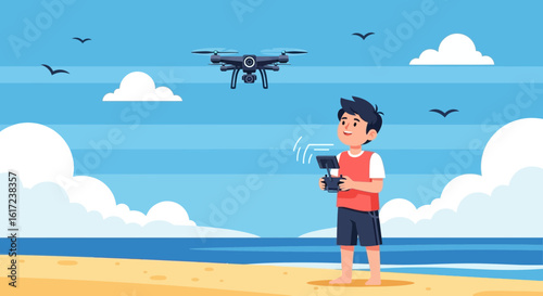 Joyful Boy Piloting Drone On Sunny Beach Scene Illustration For Summer Activity