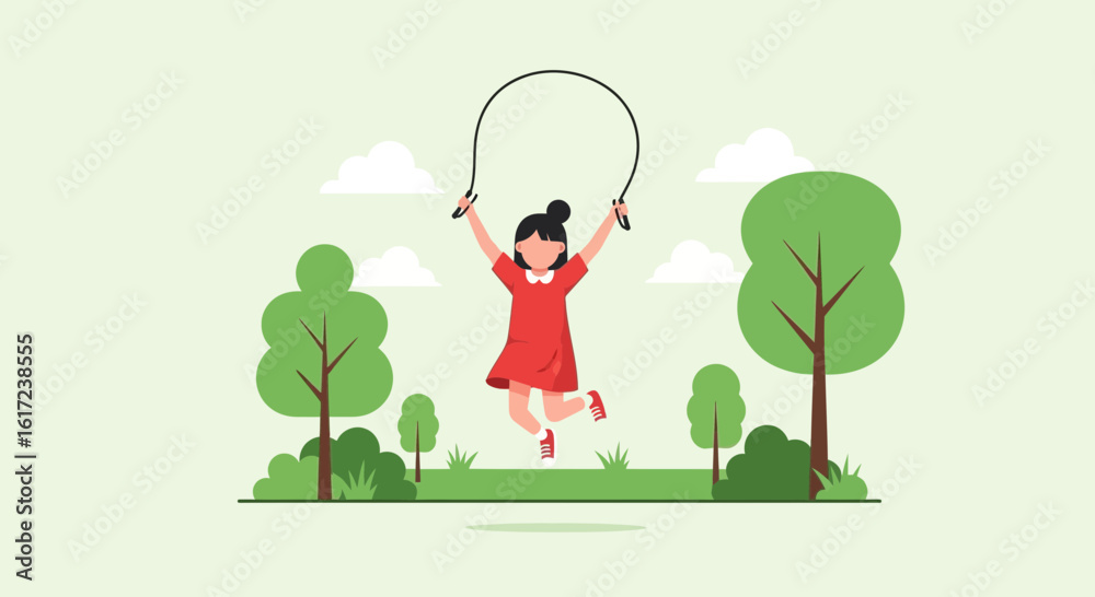 Naklejka premium Happy Girl Jumping Rope Enjoying Outdoor Activity in Summer Park