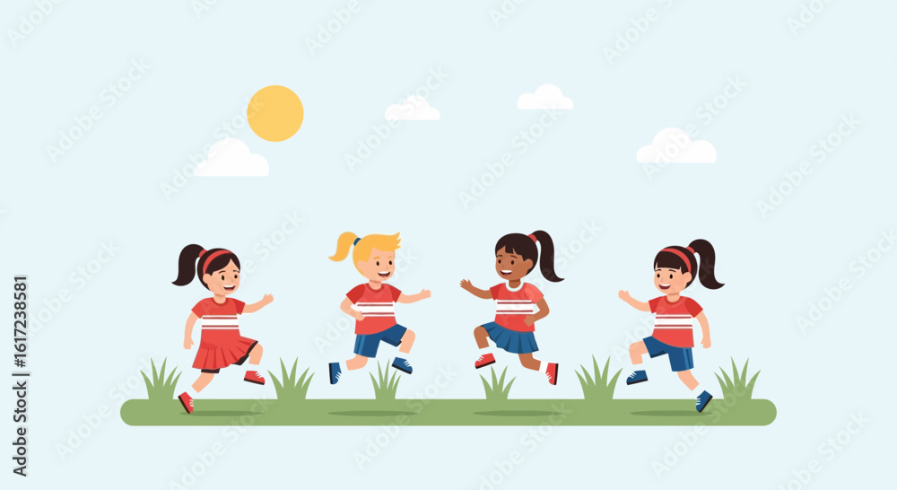 Fototapeta premium Happy Girls Running Together Outdoors In Summer Sunlight And Clouds Illustration