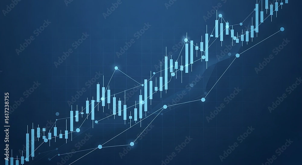 Naklejka premium Stock Market Chart with Candlesticks and Ascending Trend on Blue Background