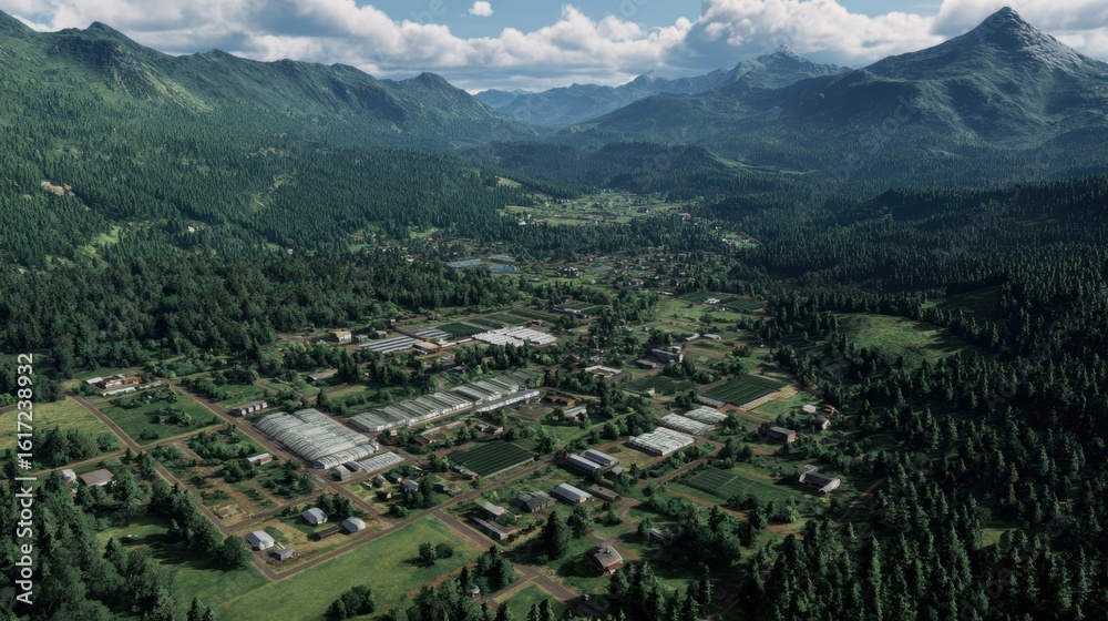 Fototapeta premium Aerial view of a lush valley surrounded by mountains, showcasing greenery and a network of buildings.