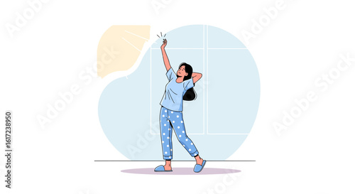 Happy Morning: A Woman Stretching In Pajamas Welcoming The Sunny Day Indoors