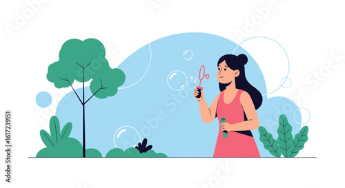 Happy Woman Creating Colorful Soap Bubbles In Natural Setting For Fun
