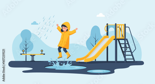 Joyful Child Plays in Puddles During Rainy Day at the Playground