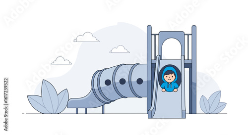 Joyful Child Playing On Slide Set In Playground Illustrative Design