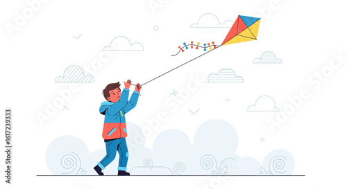 Joyful Childhood: Boy Flies Kite Amidst Fluffy Clouds On A Sunny Day