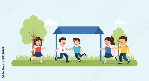 Joyful Childhood: Friends Playing Tag In Park On Sunny Day