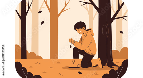 Heartbroken boy in the forest reflecting on loss with pendant in hand, portraying loneliness and grief amidst nature