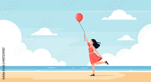 Joyful freedom: Girl with red balloon on sunny beach, embracing happy dreams