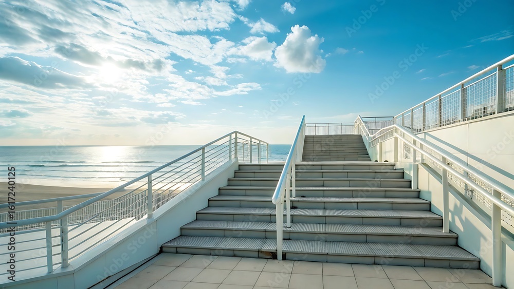 Fototapeta premium Stairway leading to a beautiful ocean beach with a bright sunny sky and clouds
