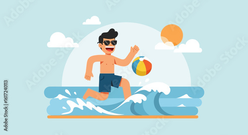 Joyful Man Playing On Beach During Tropical Holiday Vacation Time