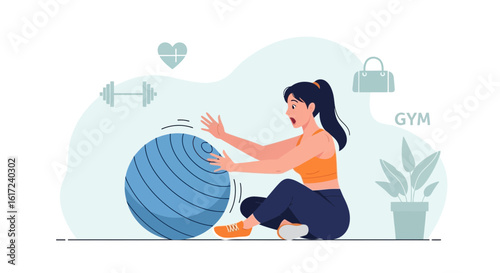 Illustrated woman exercising with a fitness ball in a gym setting for a healthy lifestyle