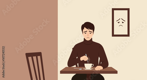 Illustration depicting a sad man drinking coffee in a cafe with a forlorn expression on his face, conveying loneliness