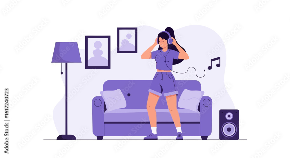 Fototapeta premium Joyful Young Woman Dancing to Music With Headphones at Home
