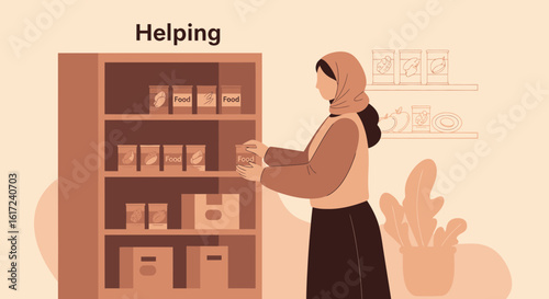 Illustration depicting a woman donating food to a food bank or pantry symbolizing community aid and helping those in need