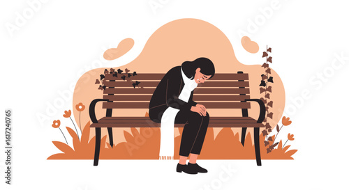 Illustration depicting a woman sitting alone on a park bench in contemplation