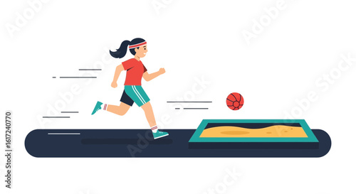 Illustration depicting a woman jogging near a sandbox with a basketball, showcasing fitness and leisure in a simple flat design