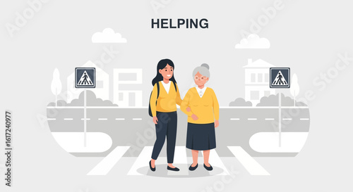 Kindness And Support Young Woman Helping Senior Lady Cross The Road