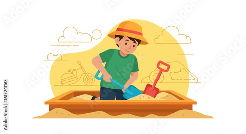Illustration of a boy playing in a sandbox with a shovel, enjoying childhood happiness and outdoor activity in the sun