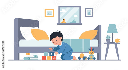 Little Boy In Pajamas Playing With Alphabet Blocks In His Bedroom