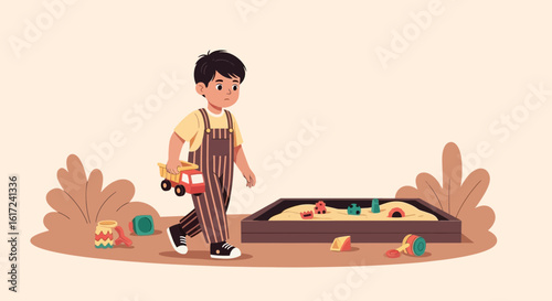 Little Boy Playing With His Toy Truck Near The Sandbox On Summer Day