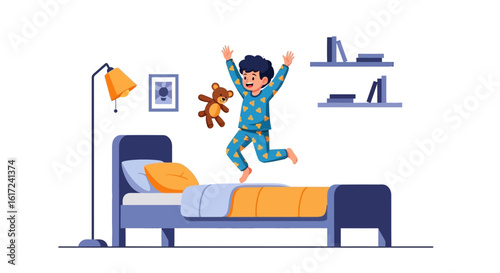 Illustration of a cheerful child jumping on a bed in pajamas with a teddy bear