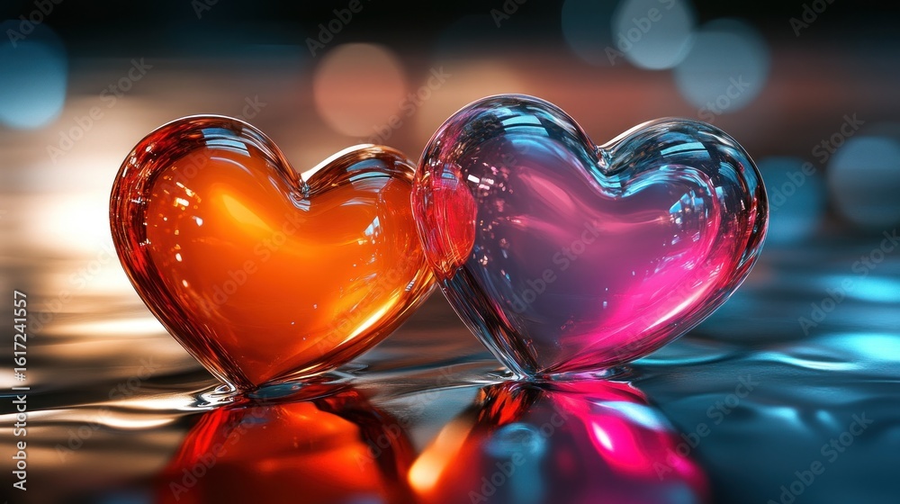 Fototapeta premium Two vibrant, translucent hearts on water