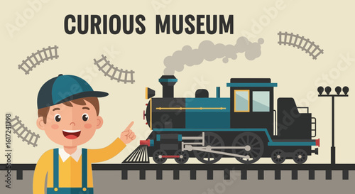 Illustration of a child pointing at a vintage steam train in a curious museum setting perfect for educational material