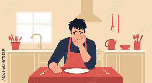 Lonely Man In The Kitchen With Empty Plate Depression Concept Illustration