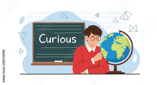 Illustration of a curious student exploring geography with a globe in the classroom