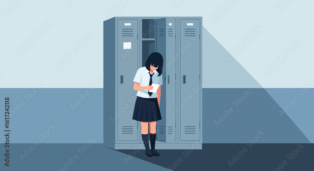 Fototapeta premium Lonely Teenager Leaning At School Locker With A Note In Hand, Sad Situation