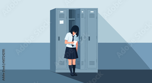Lonely Teenager Leaning At School Locker With A Note In Hand, Sad Situation