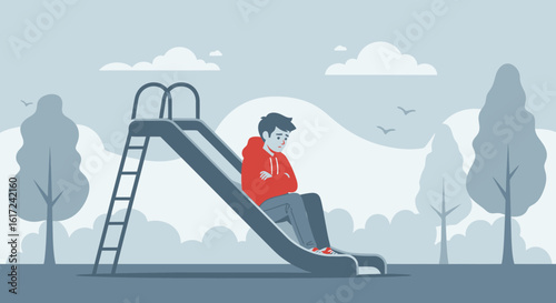 Lonely Teenager Sitting On Playground Slide Expressing Feelings of Sadness