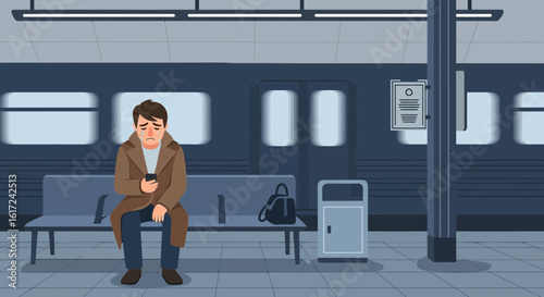 Lost In Thought At The Station Anxious Waiting With Phone In Hand