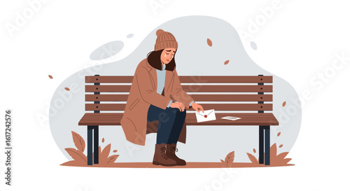 Lost In Thoughts Woman With Letter Sitting Alone On Park Bench