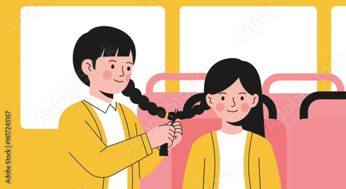Illustration of a kind boy braids a girl's pigtails on the bus during travel journey