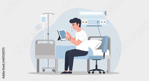 Male Patient Engaged with Tablet While Recovering in Hospital Bed
