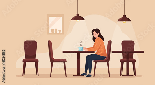 Illustration of a lonely woman in a cafe with soft lighting and minimalist style creating a warm atmosphere