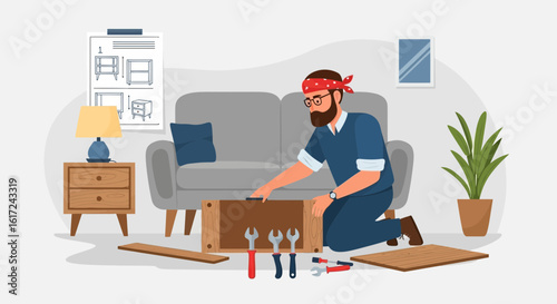 Man Assembling New Furniture At Home Do It Yourself Project And Hobby